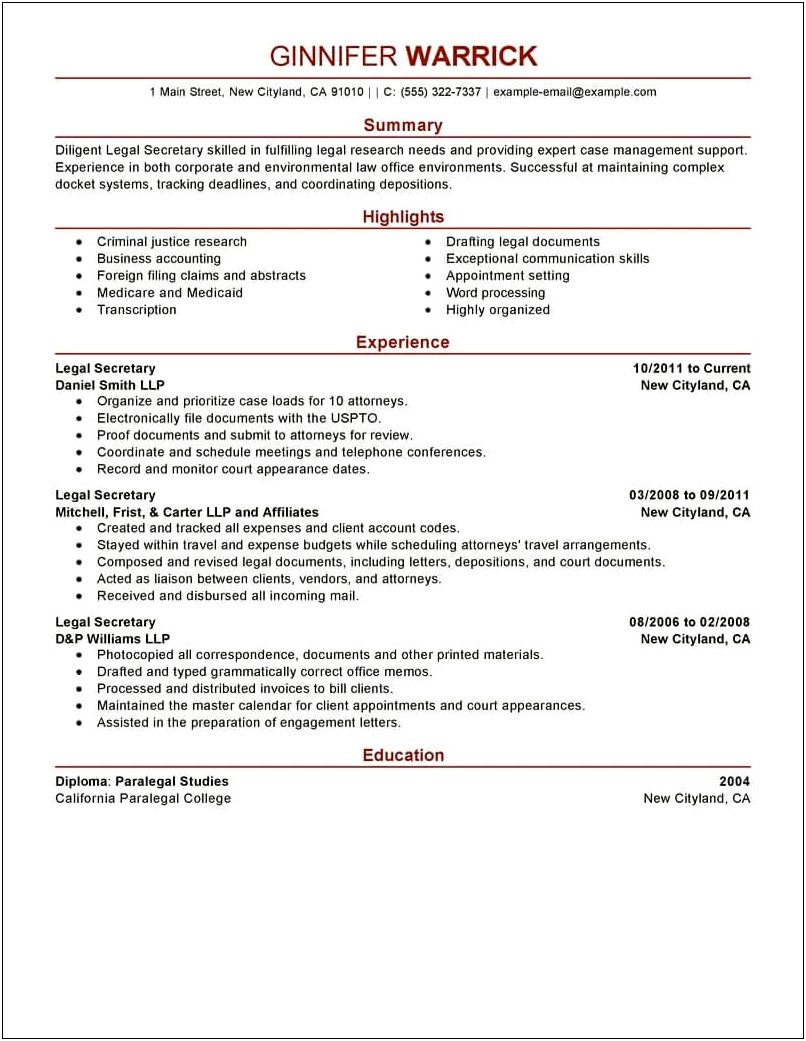 Job Description For Secretary For A Resume