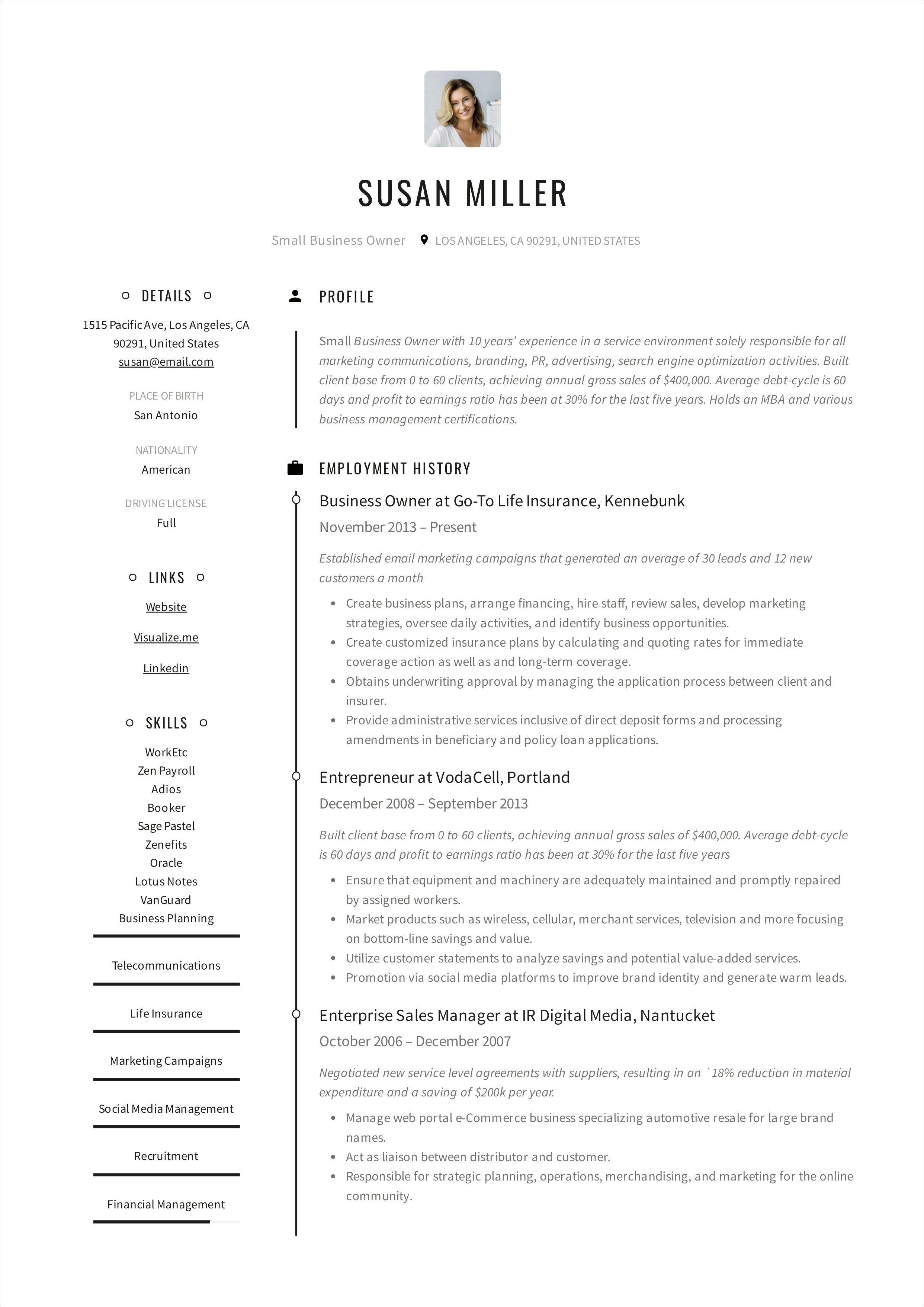 Job Description For Self Employed Business Owner Resume
