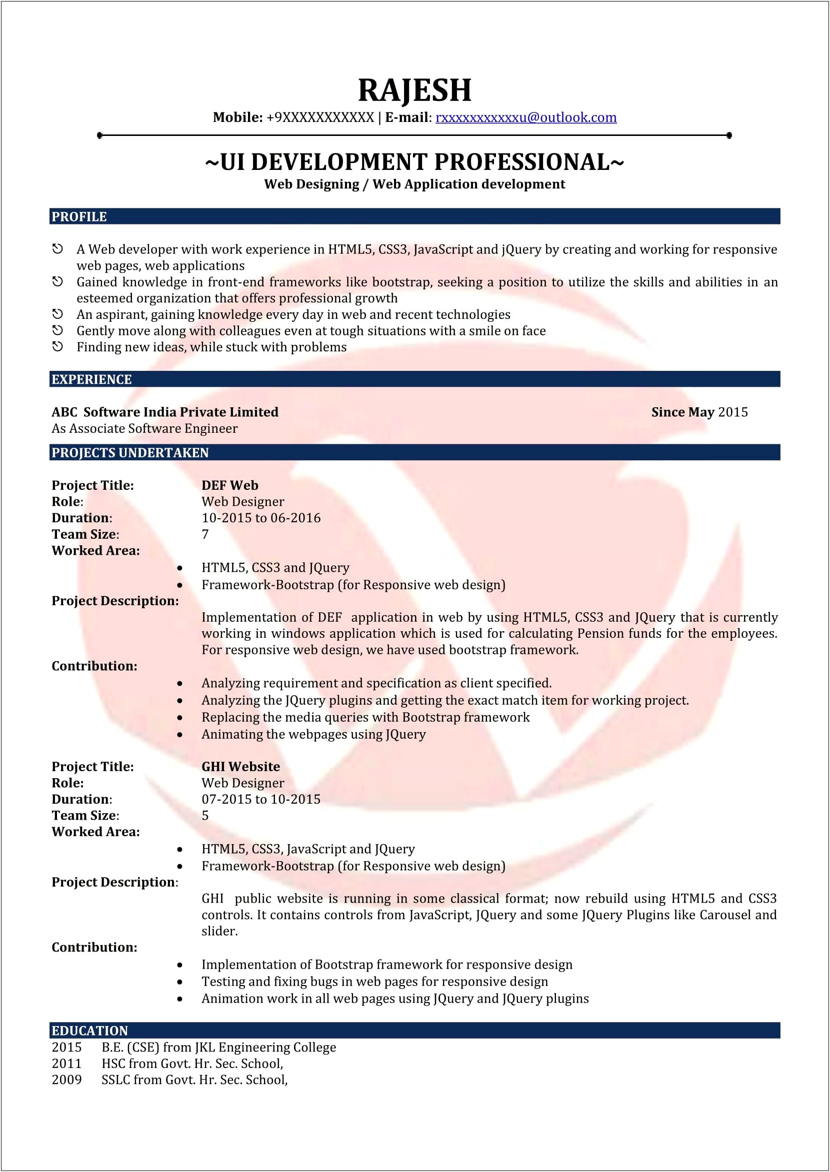 Job Description For Web Designer And Developer Resume