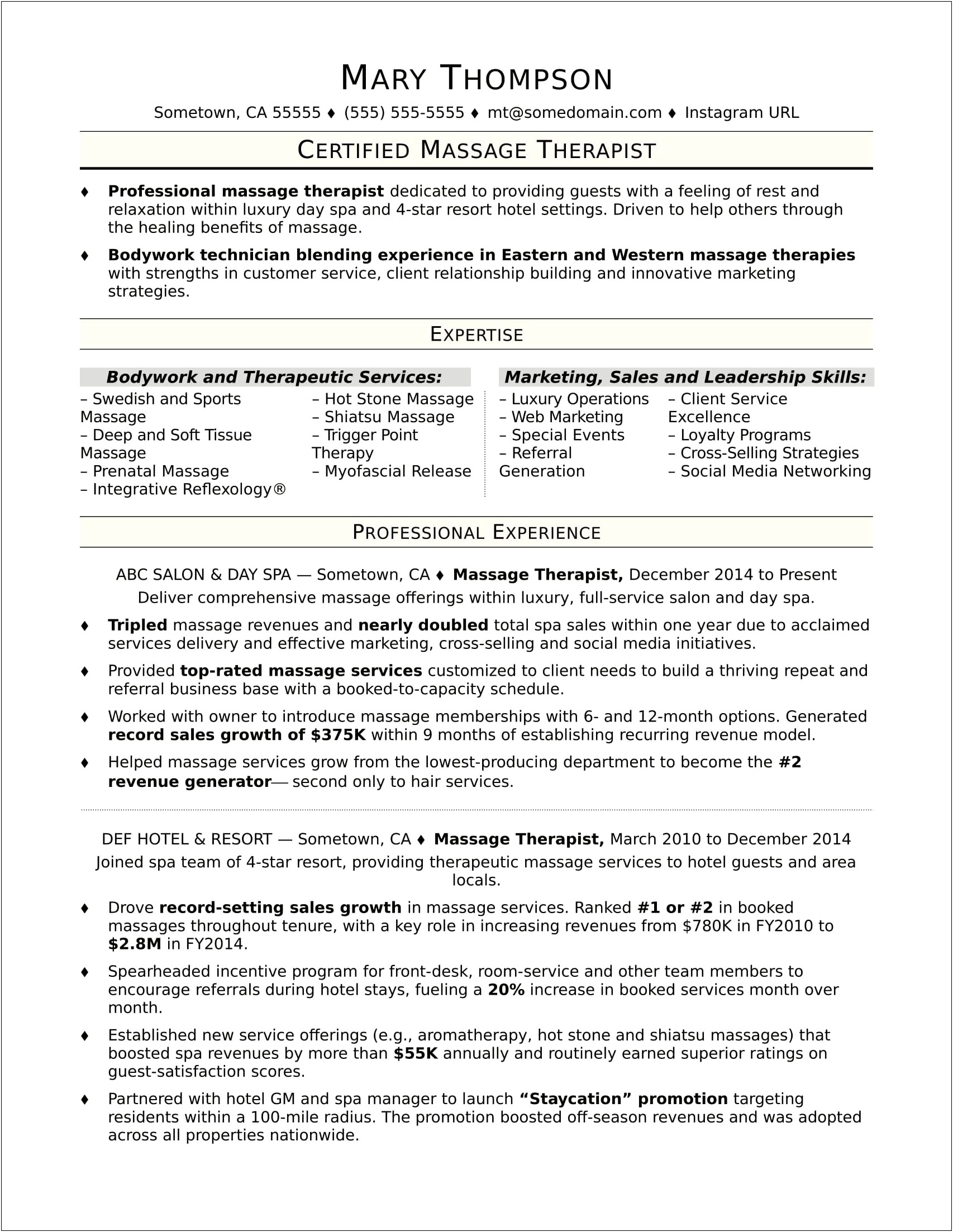 Job Description Massage Therapist Resume