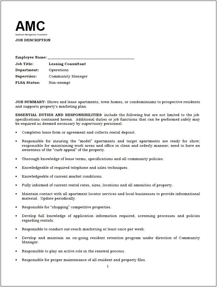 Job Description Of A Leasing Agent For Resume