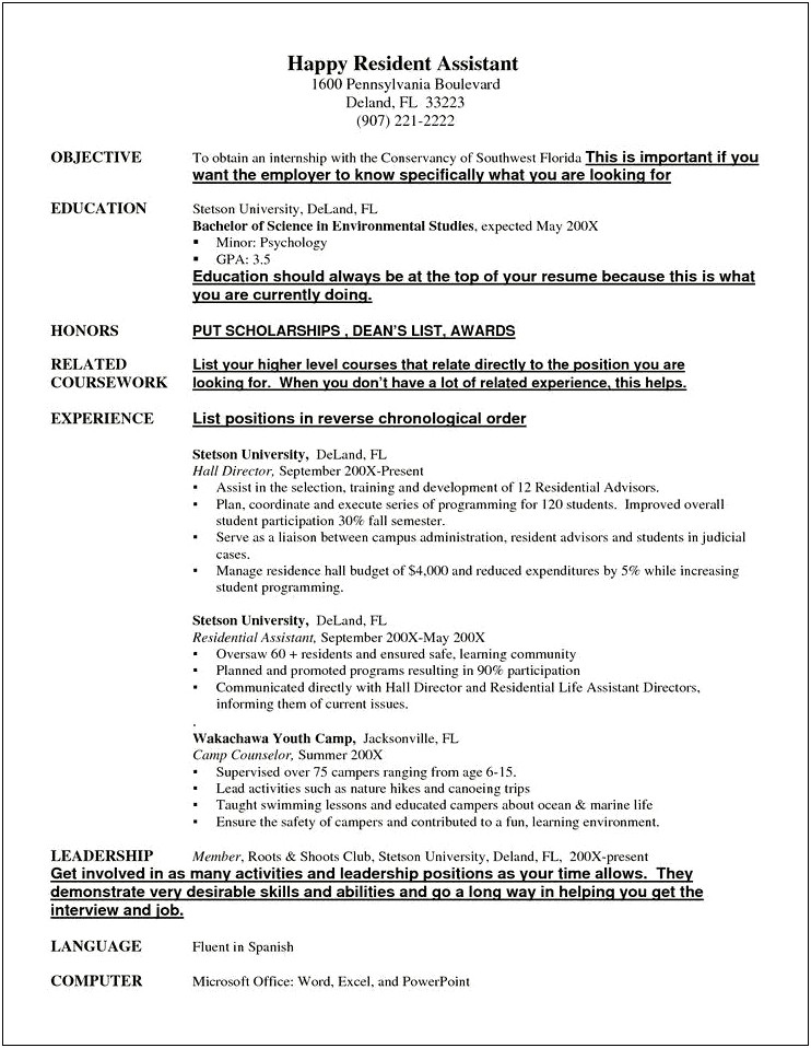 Job Description Of A Resident Assistant For Resume