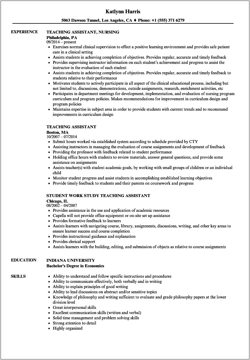 Job Description Of A Teacher Assistant For Resume