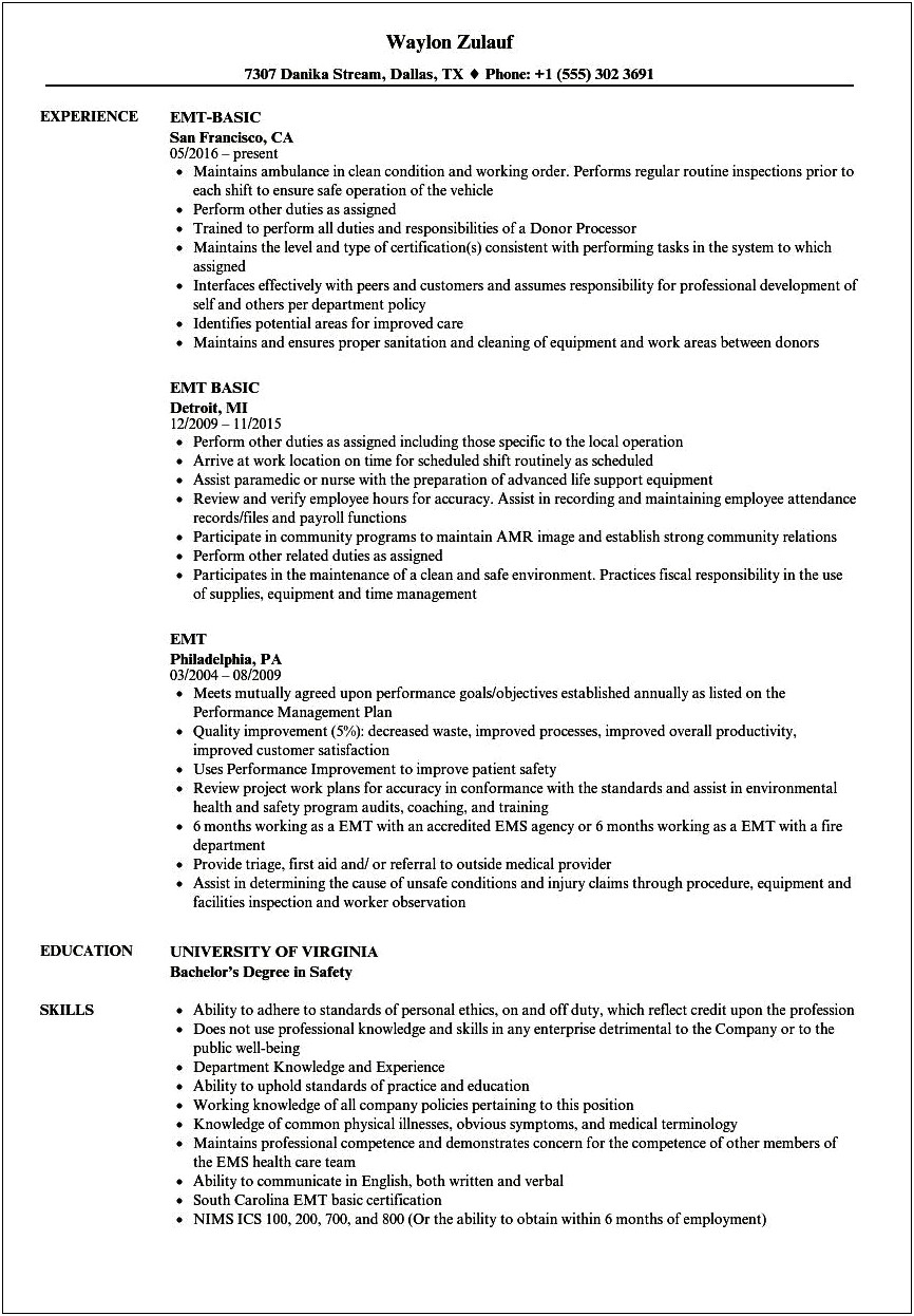 Job Description Of Emt For Resume
