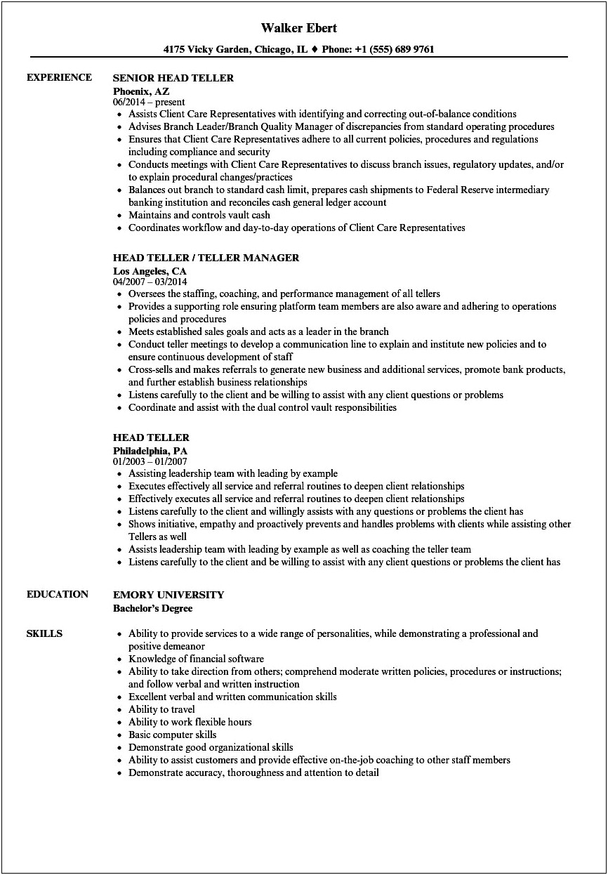 Job Description Of Teller Resume