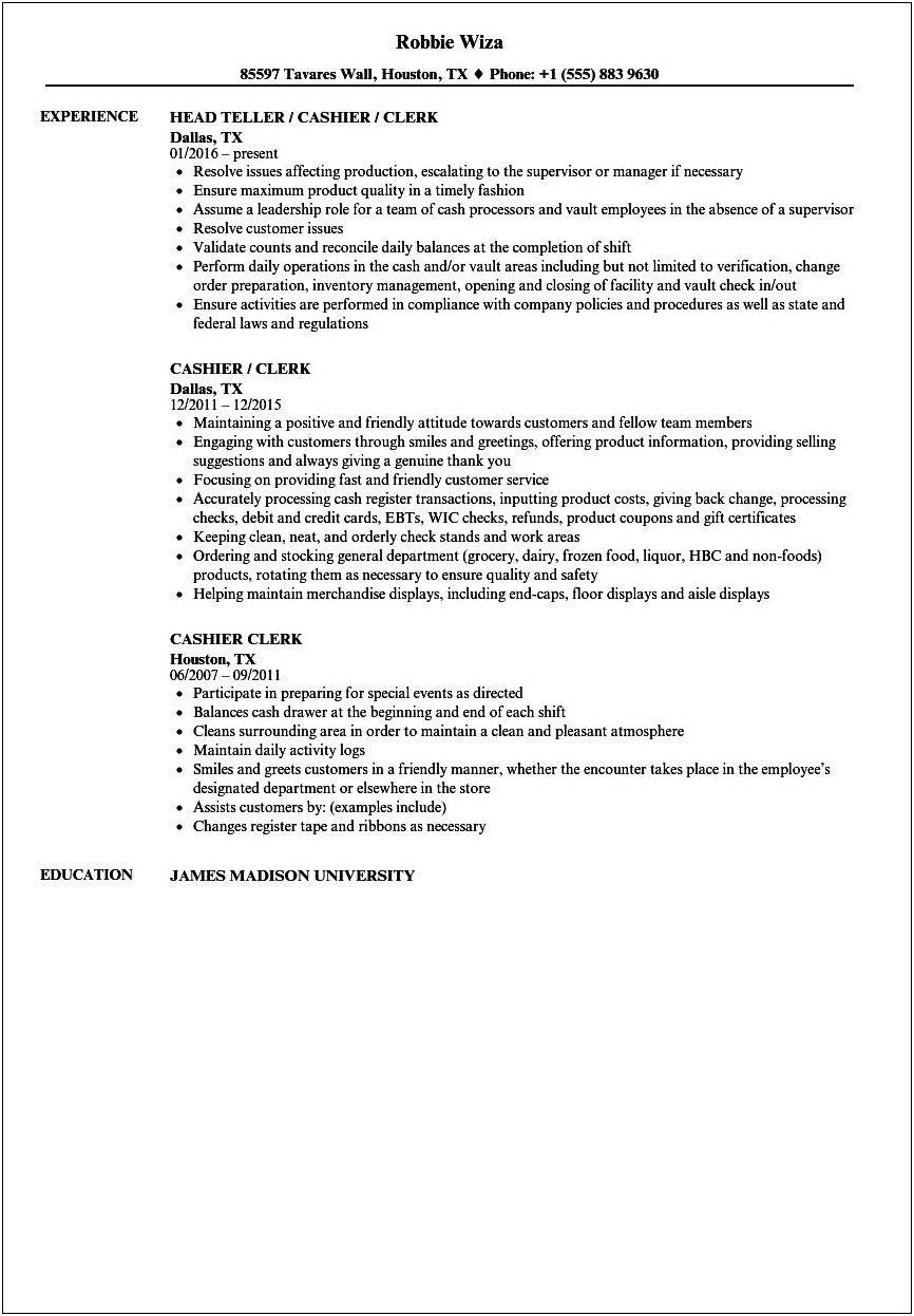Job Description On Resume For Cashier