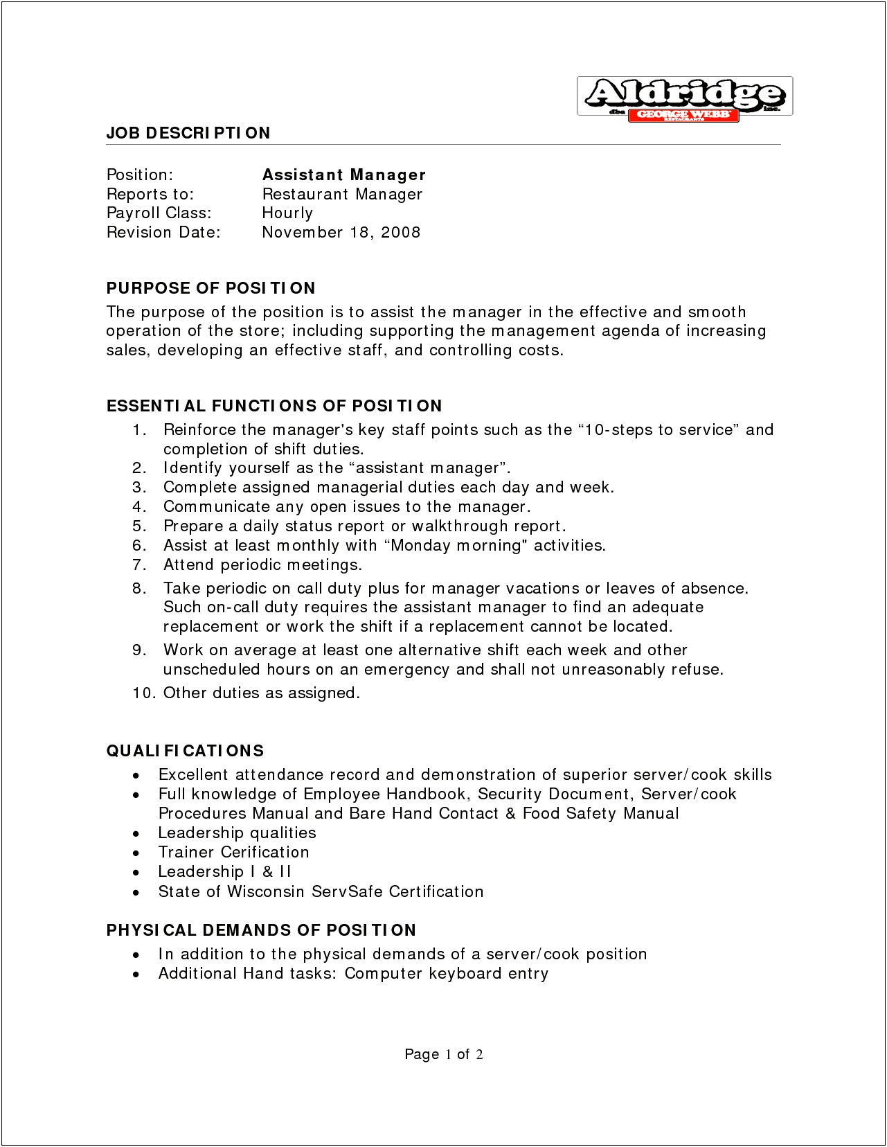 Job Description Restaurant Manager Resume