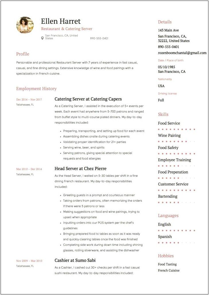 Job Description Restaurant Server Resume