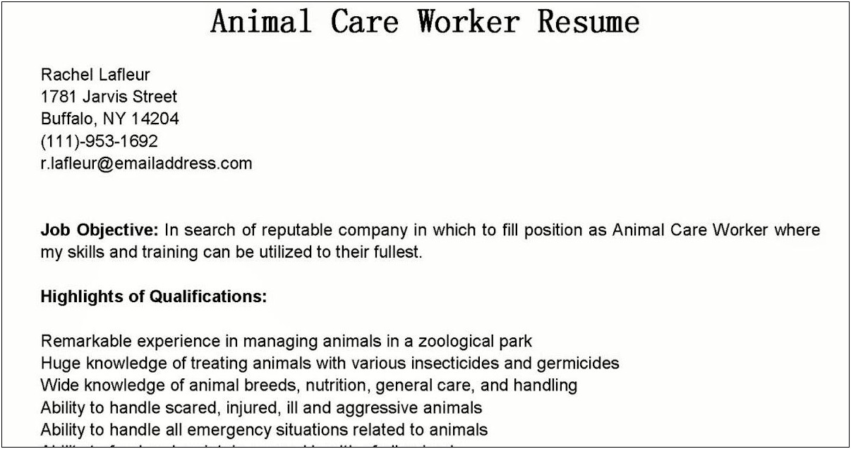 Job Description Resume Examples For Animal Care Assistant