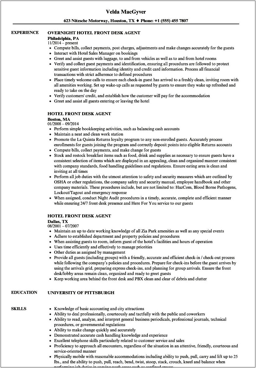 Job Description Resume For Receptionist