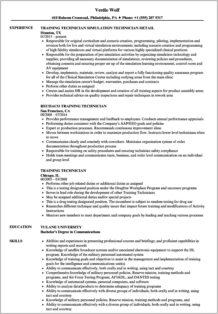 Job Description Resume Simulation Technician