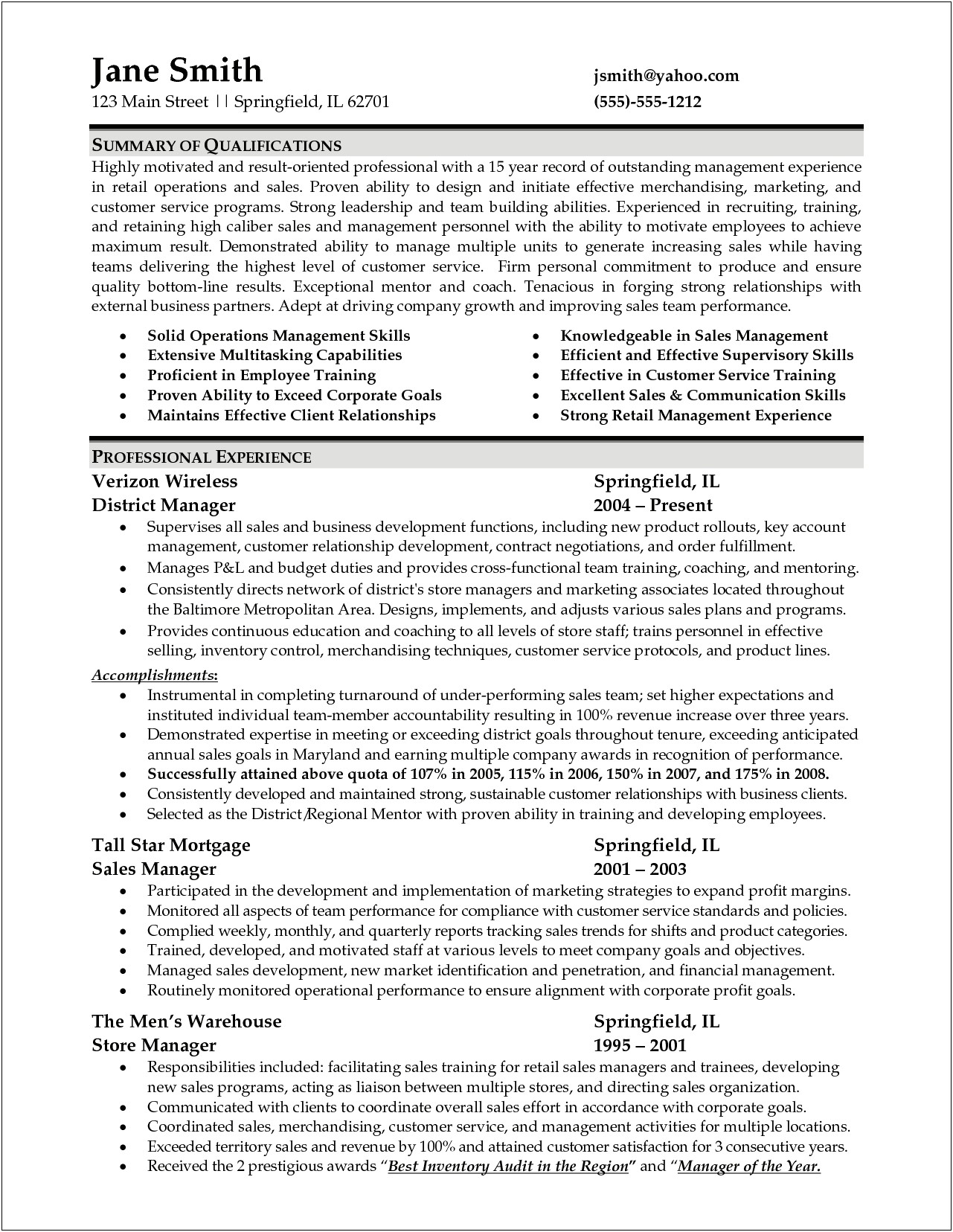 Job Description Retail Manager Resume