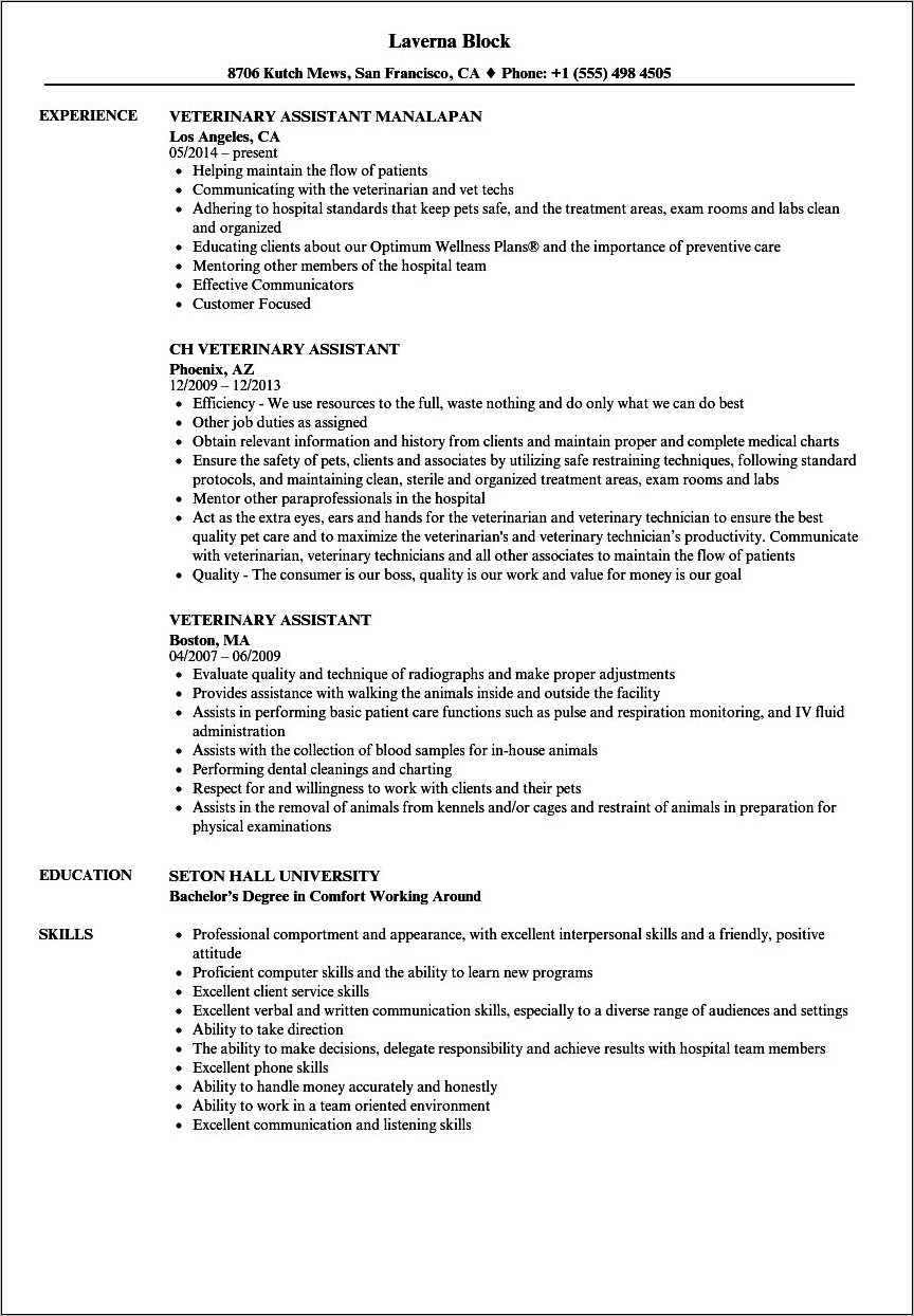 Job Description Vet Tech Resume