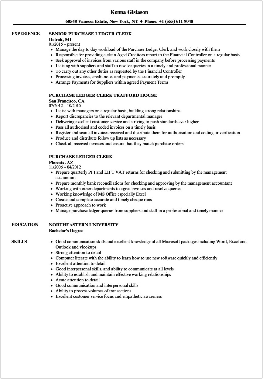 Job Duties Of A Accounting Clerk For Resume