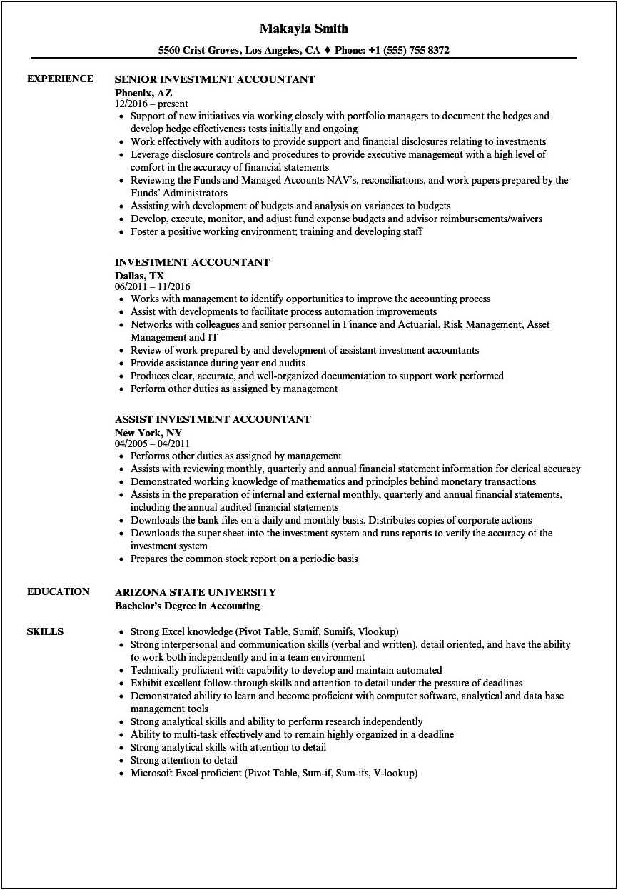 Job Functions Of An Investment Accountant Lead Resume
