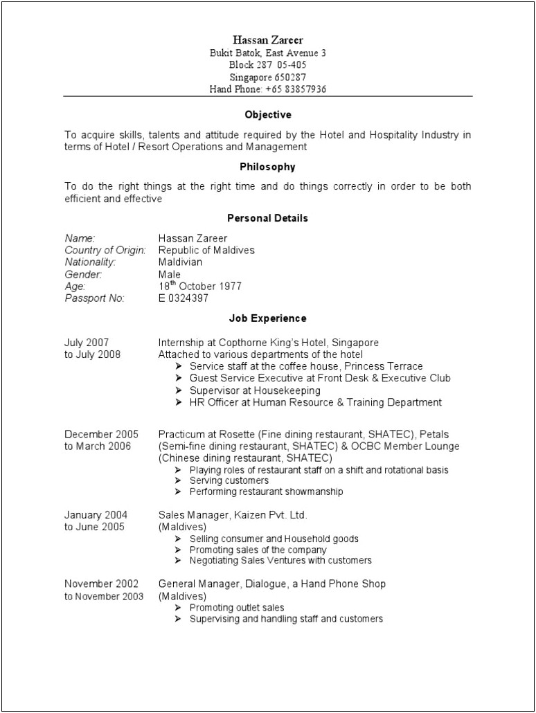Job Objective For Hospitality Industry Resume