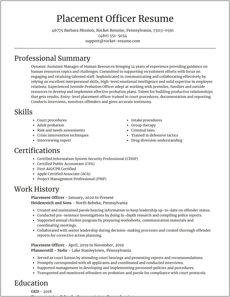 Job Placement Officer Resume Objective