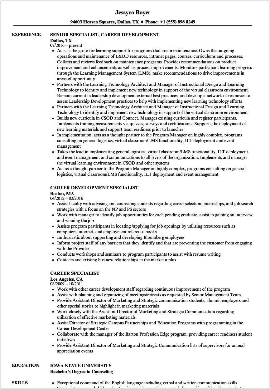 Job Placement Specialist Sample Resume
