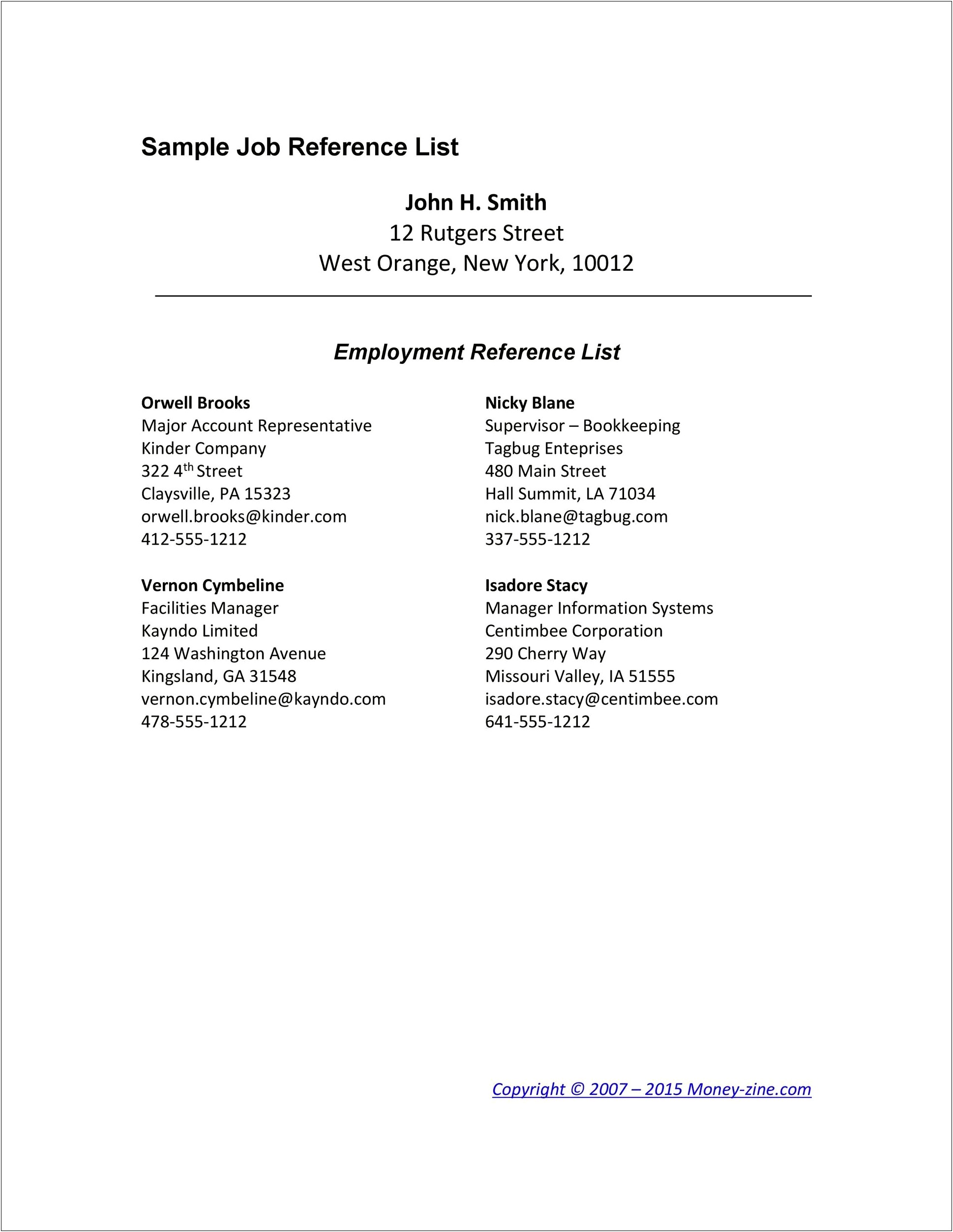 Job Reference Page For Resume