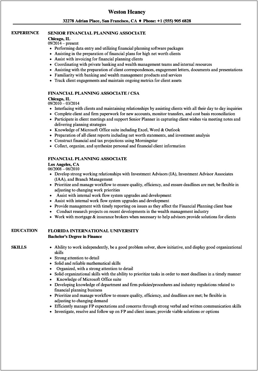 Job Responsibilities Of A Financial Planner Resume