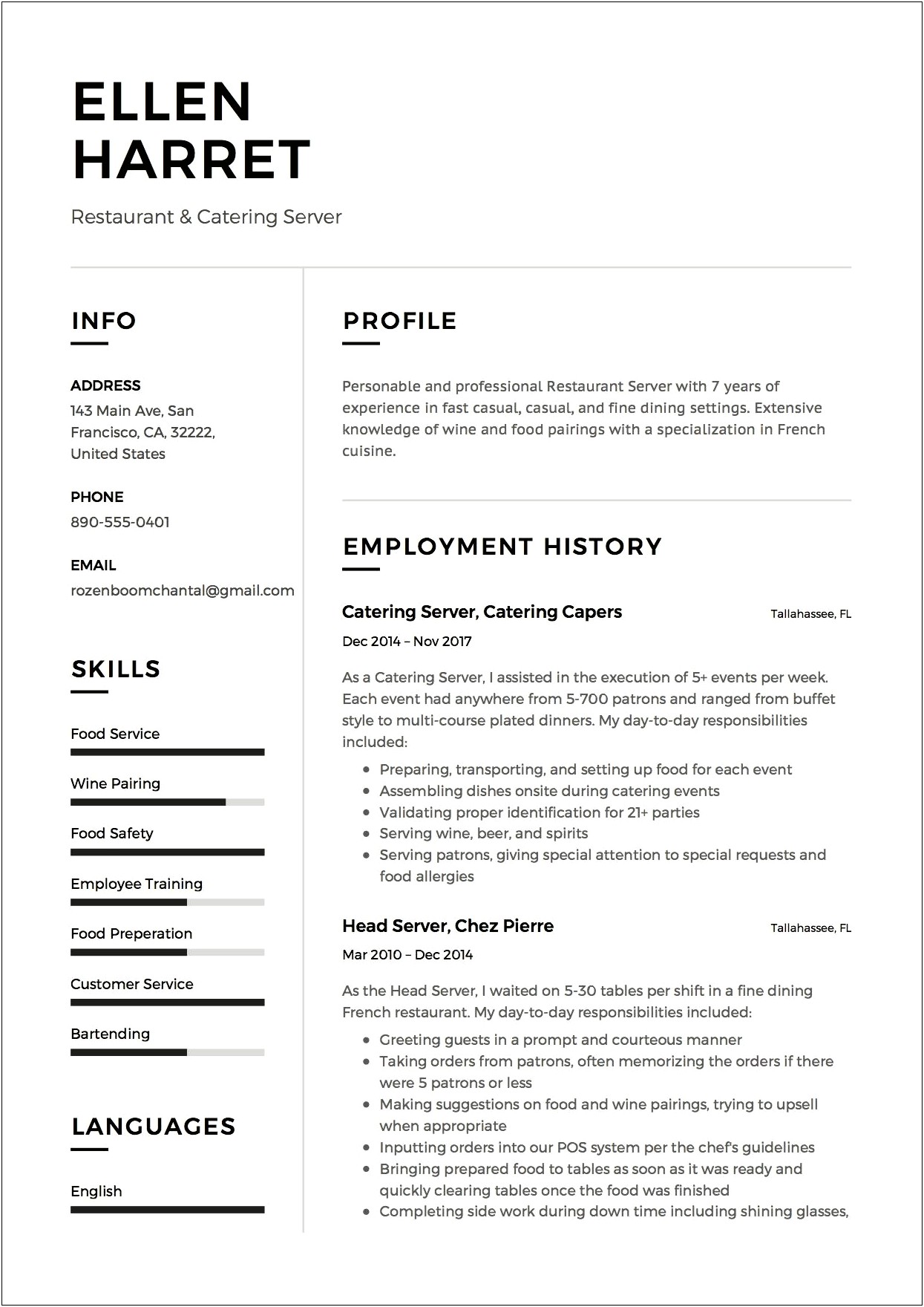 Job Responsibilities Of A Server For A Resume