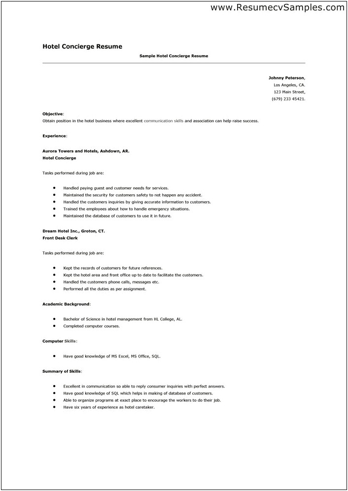 Job Responsibilities On A Resume For Concierge