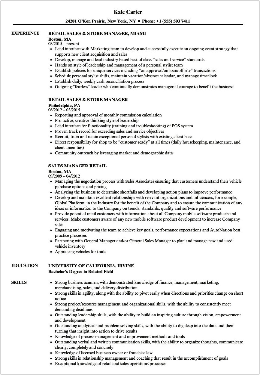 Job Resume Examples For Retail