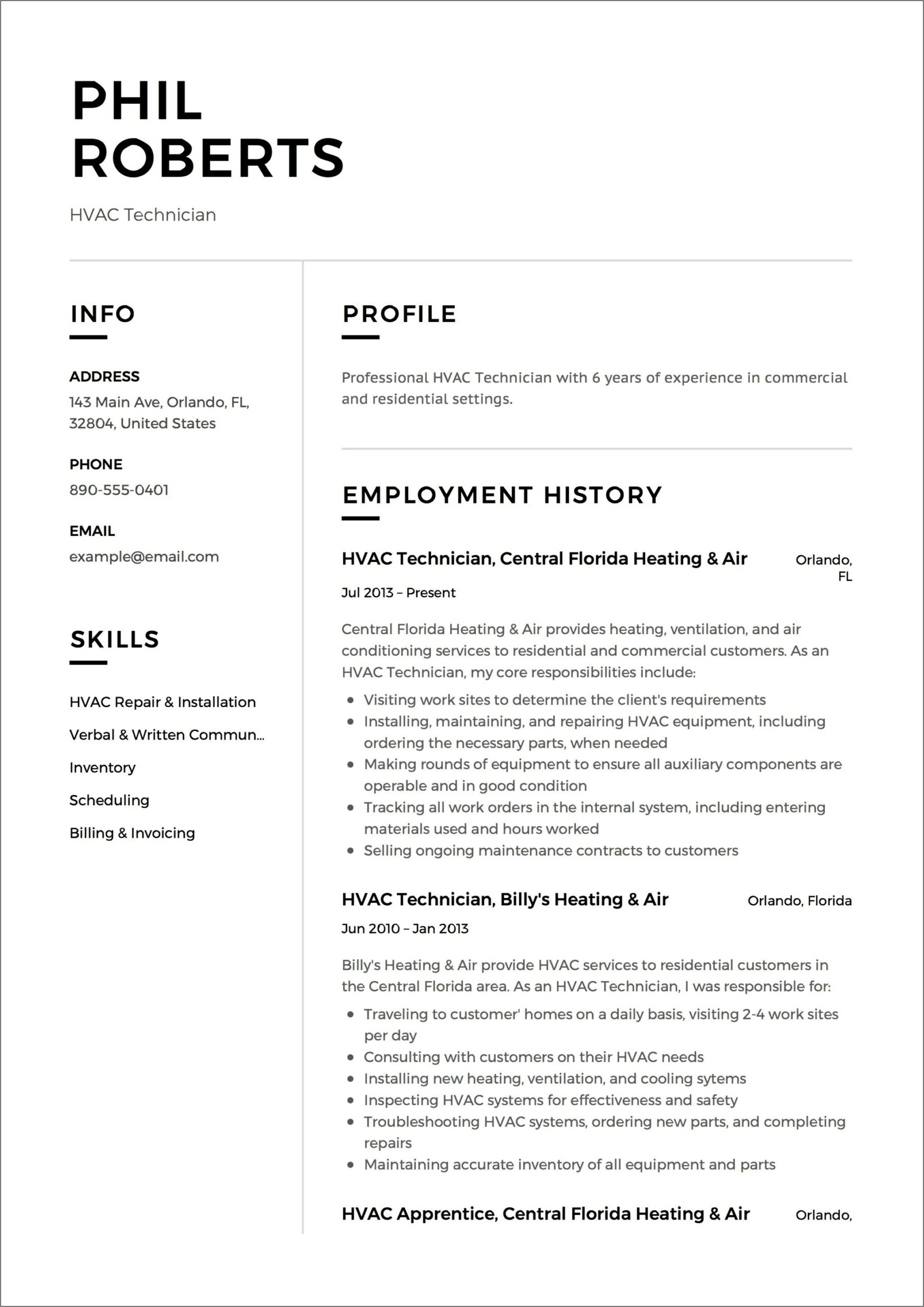 Job Resume For Hvac Technician