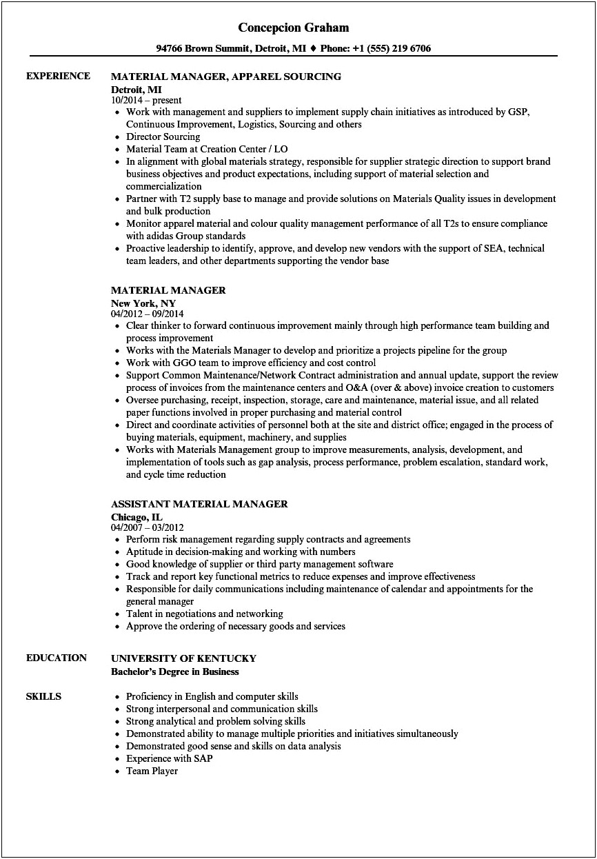 Job Resume For Matierials Management