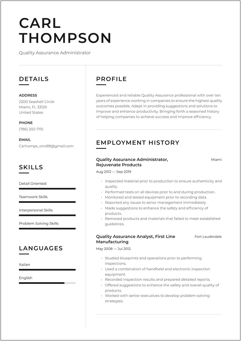 Job Resume List Of Qualities