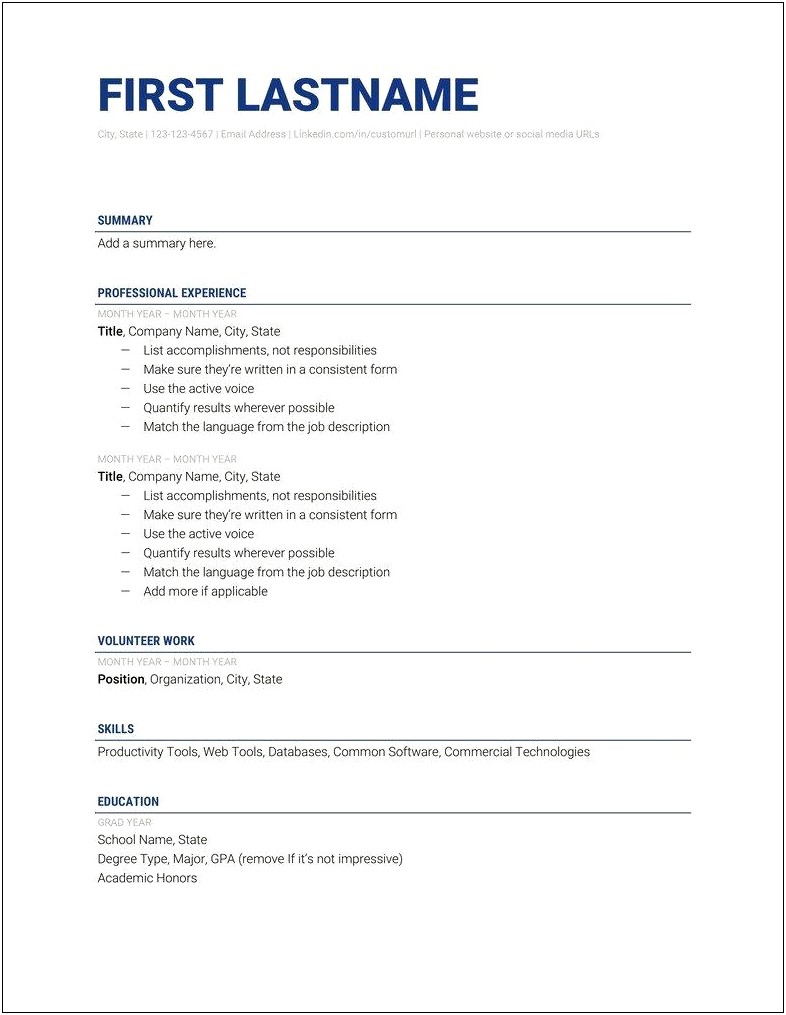 Job Resume Template With No Experience