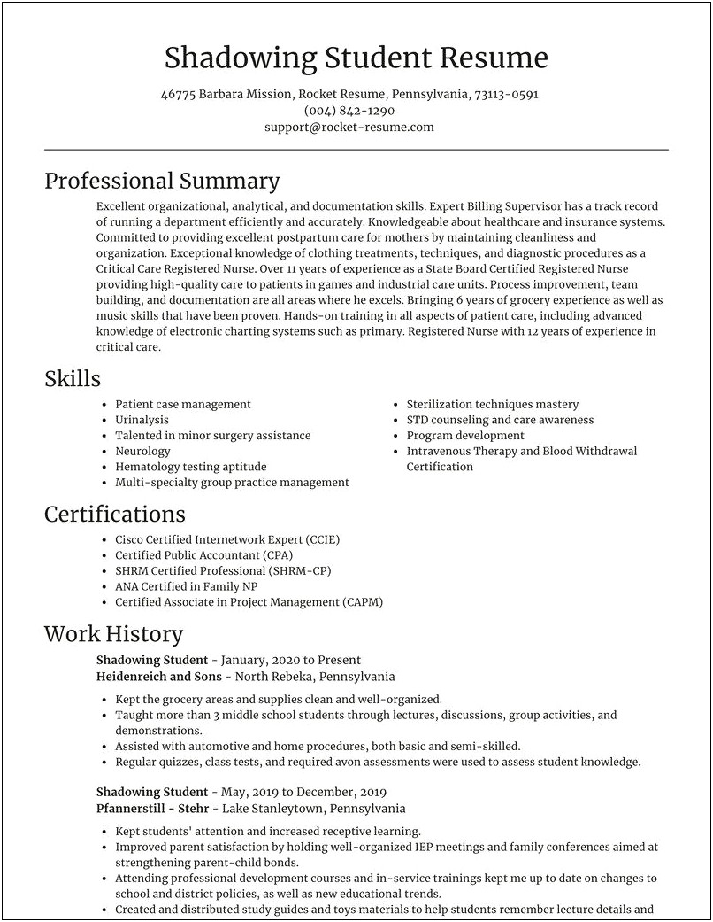 Job Shadowing Experience On A Resume