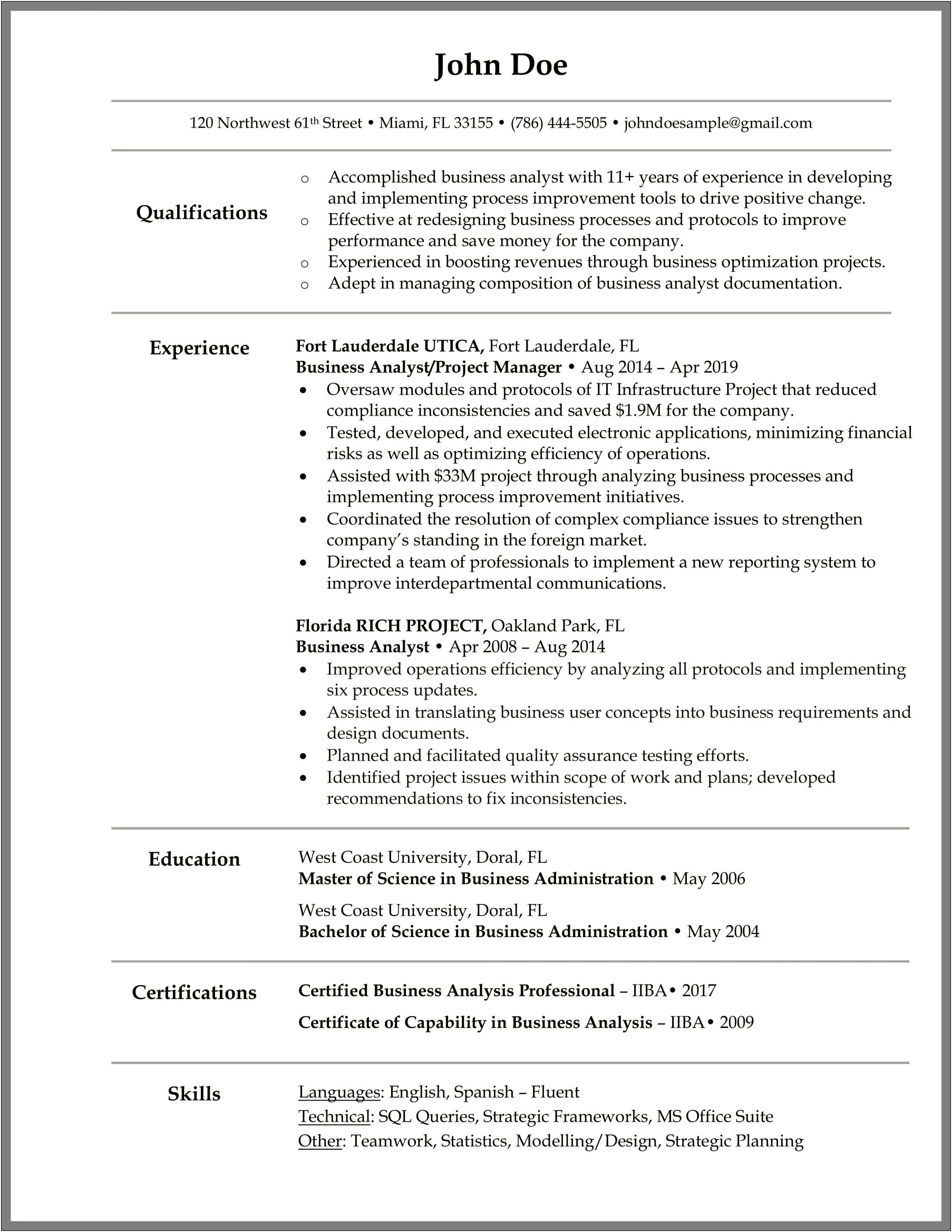 Job Summary For Business Analyst Resume