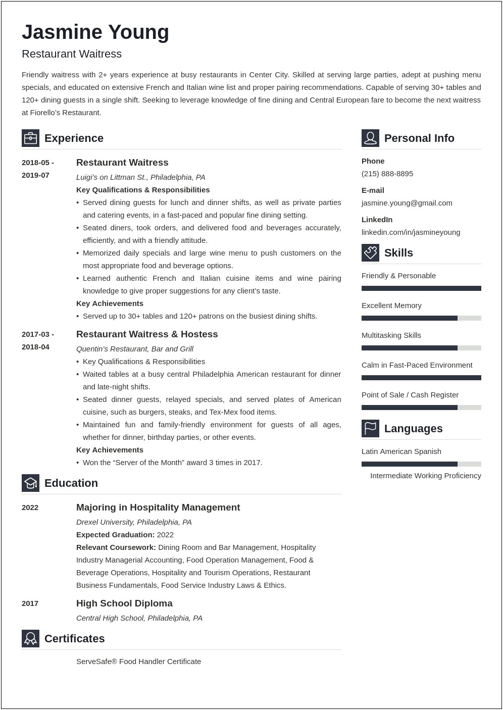 Job Summary Resume Waitress Sample
