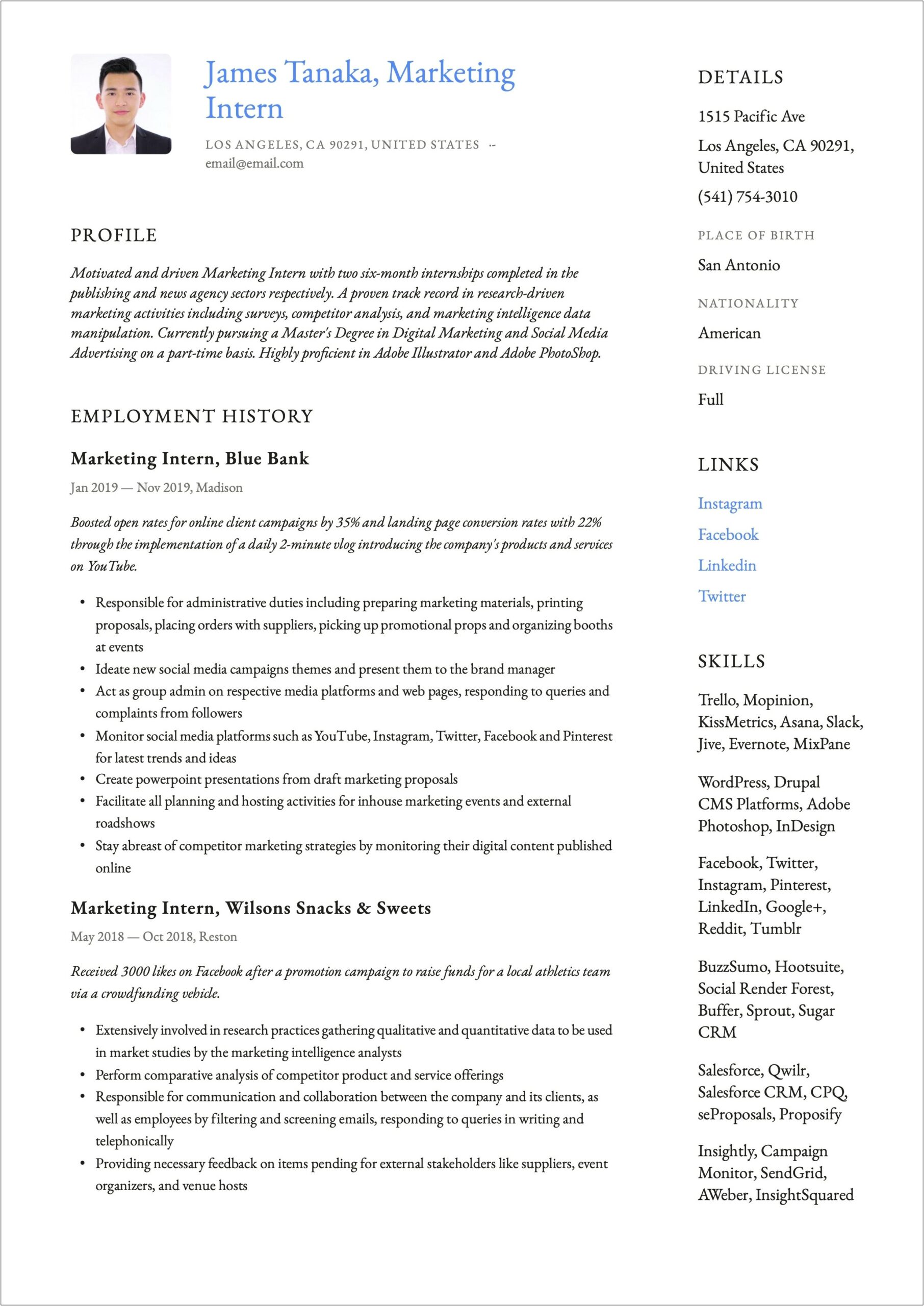 Jobs Descriptions For Marketing Intern For Resume