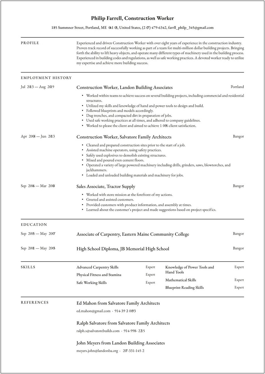 Jobs Resume Education Objective References Employment Construction