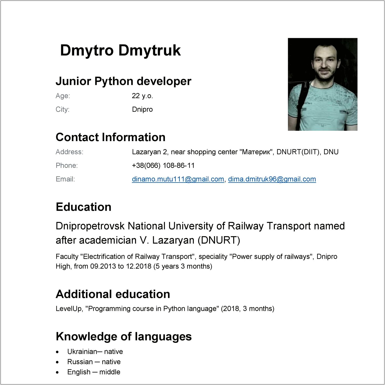 Jounior Python Developer Sample Resumes