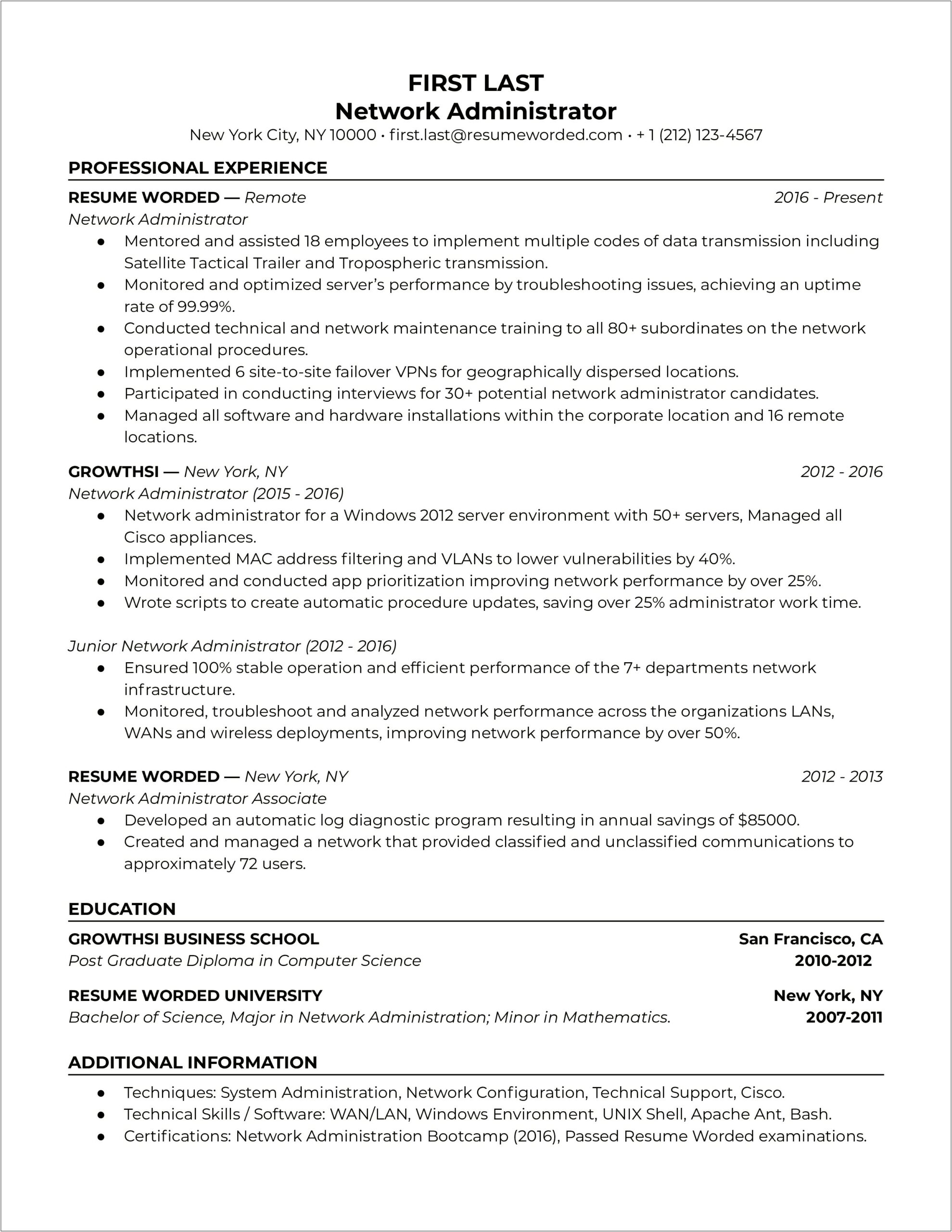 Jr Network Administrator Resume Example