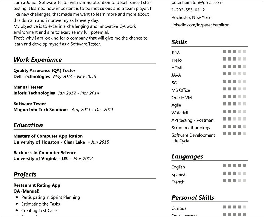 Jr Qa Engineer Sample Resume