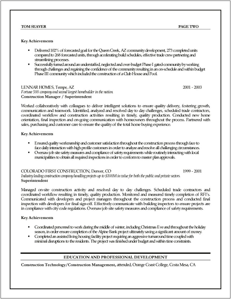 Junior Construction Project Manager Resume Examples
