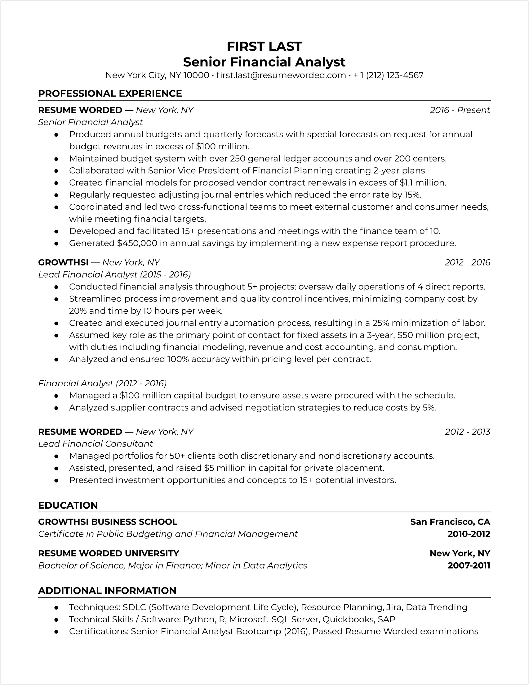 Junior Financial Analyst Job Resume