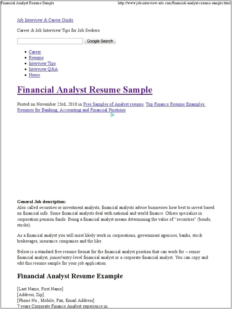 Junior Financial Analyst Resume Samples