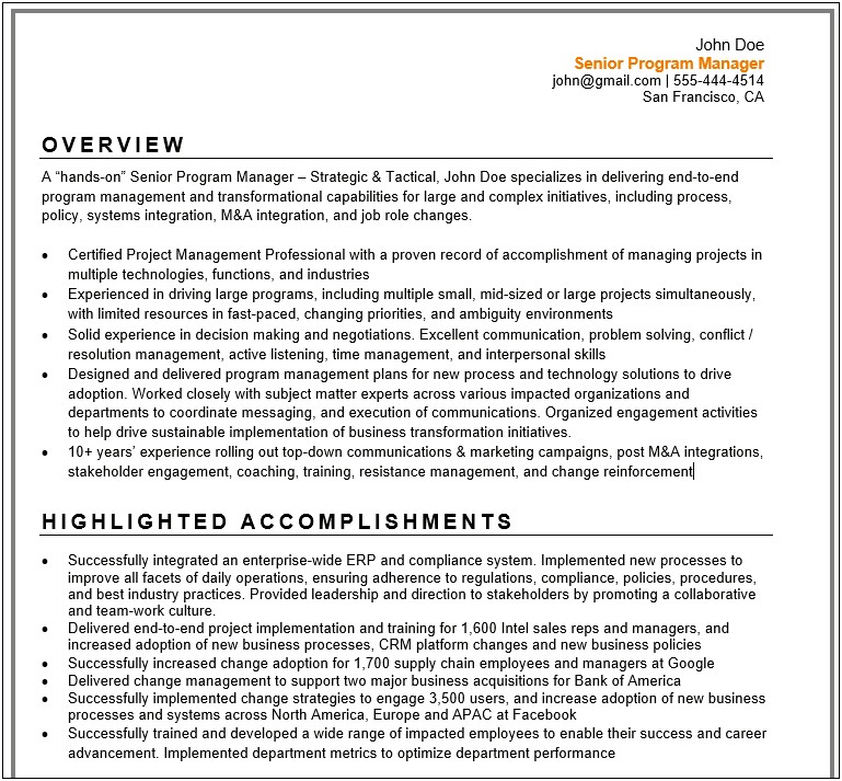 Junior Project Manager Resume Profile
