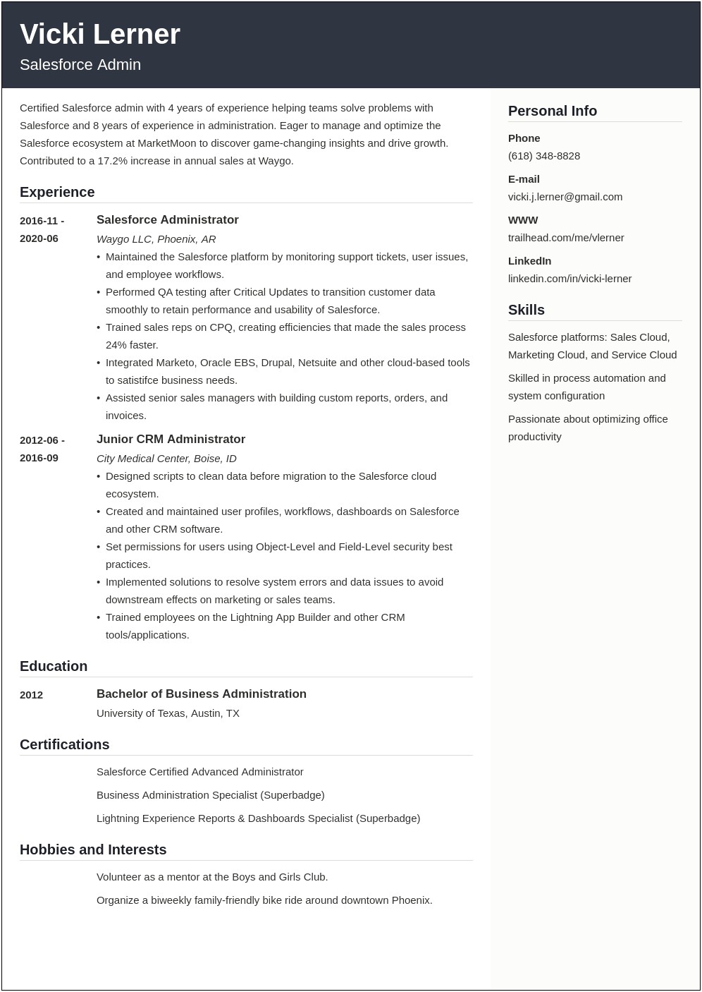 Junior Salesforce Administrator Sample Resume