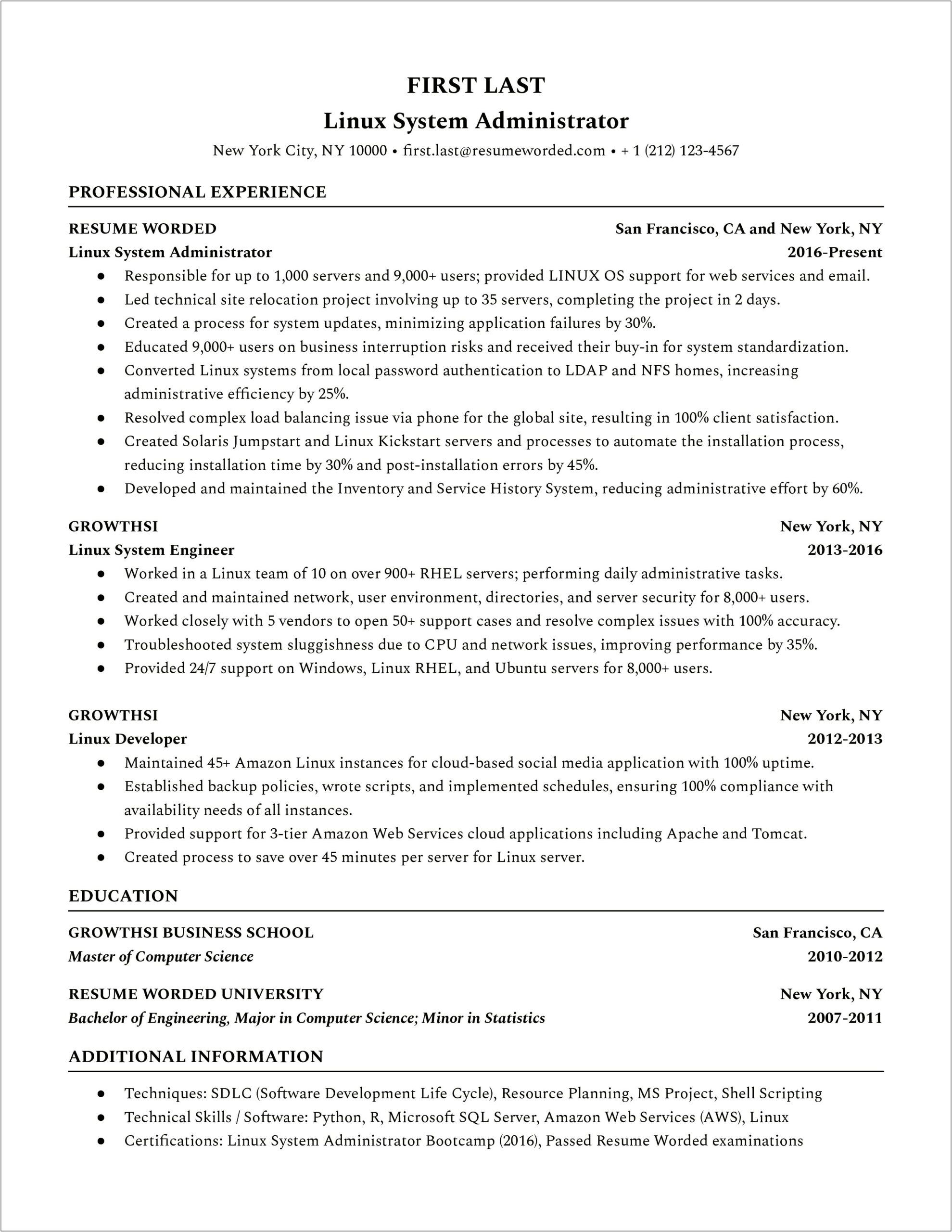 Junior Systems Administrator Resume Sample