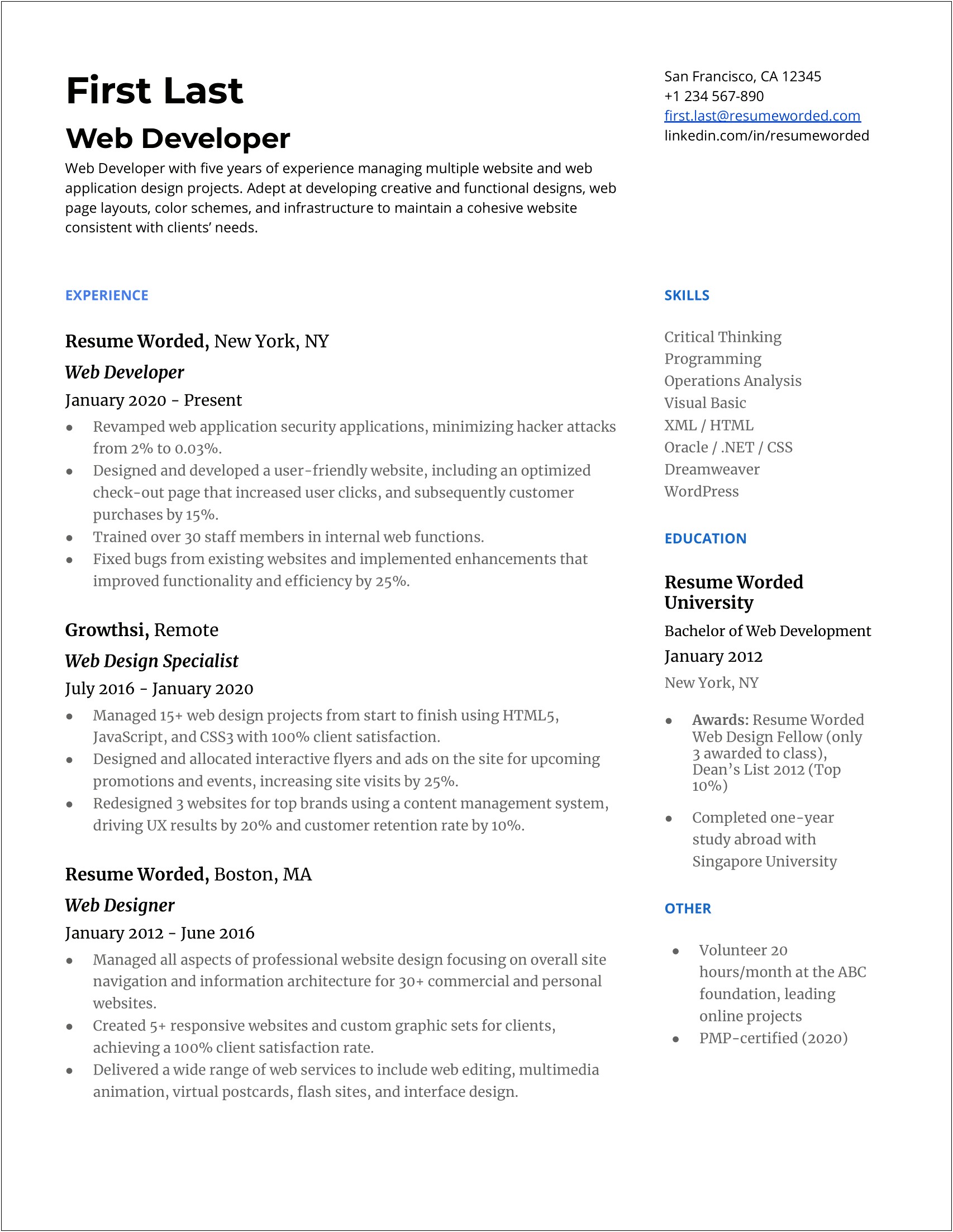 Junior Web Developer Resume Objective Sample