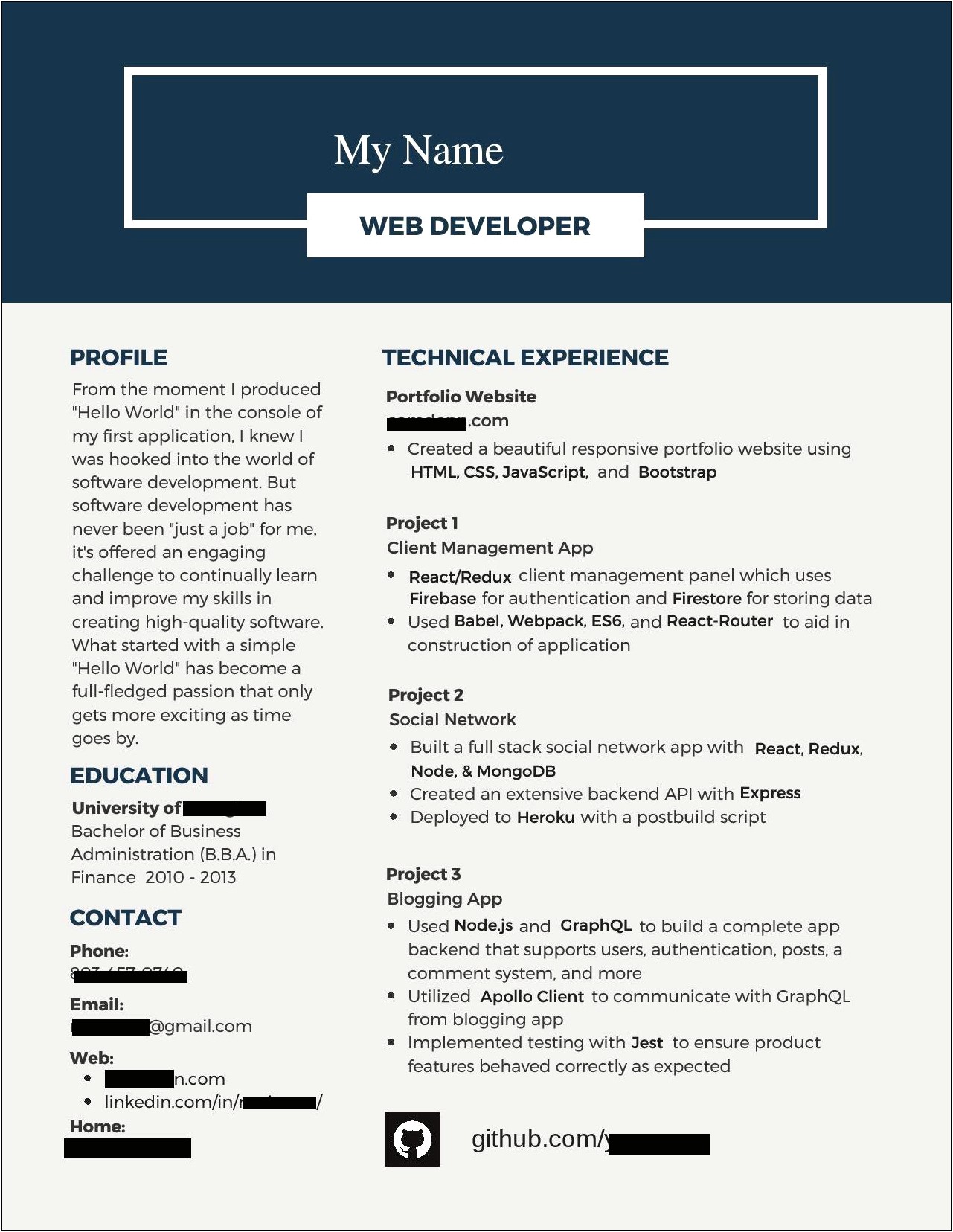 Junior Web Developer Resume With No Experience