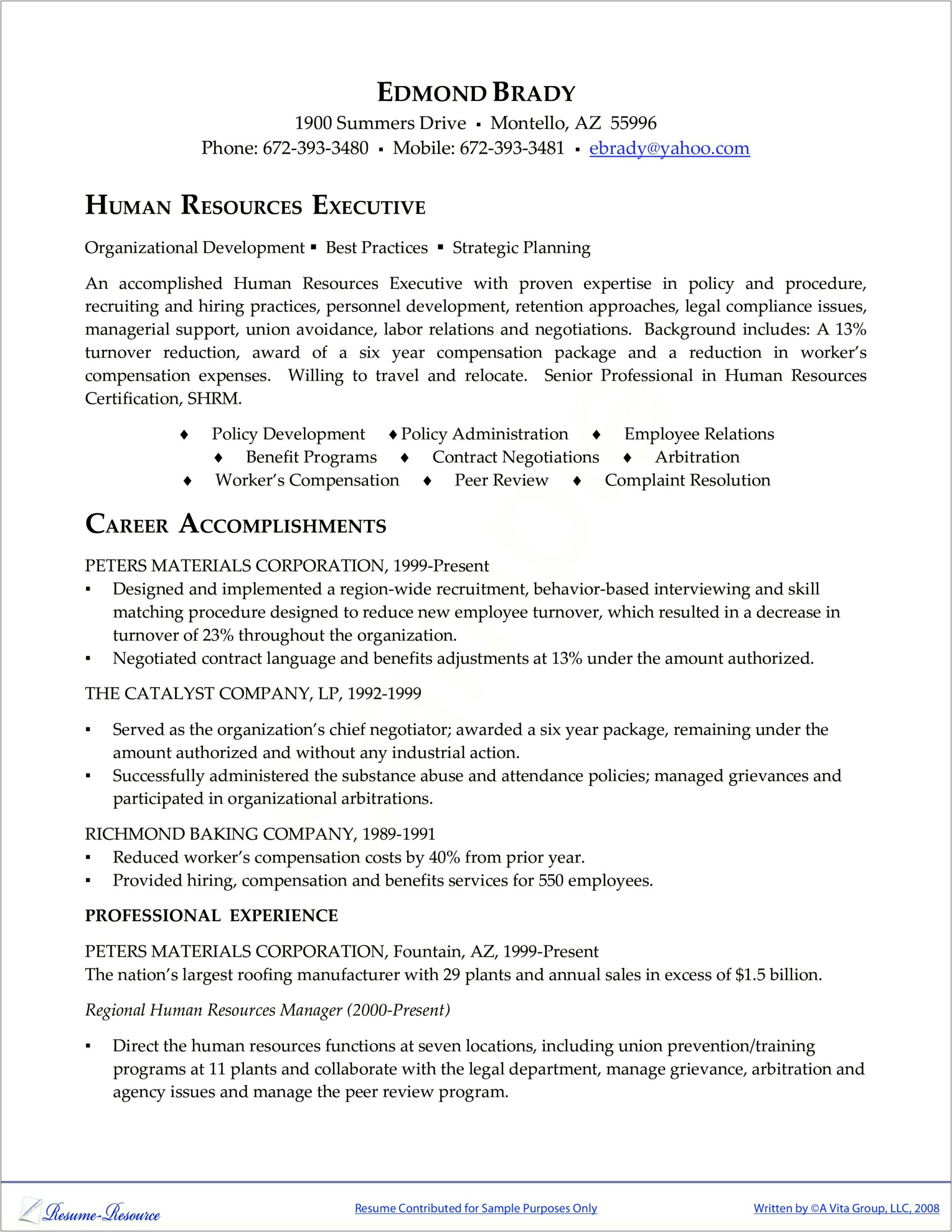 Key Skills Of Hr Executive Resume