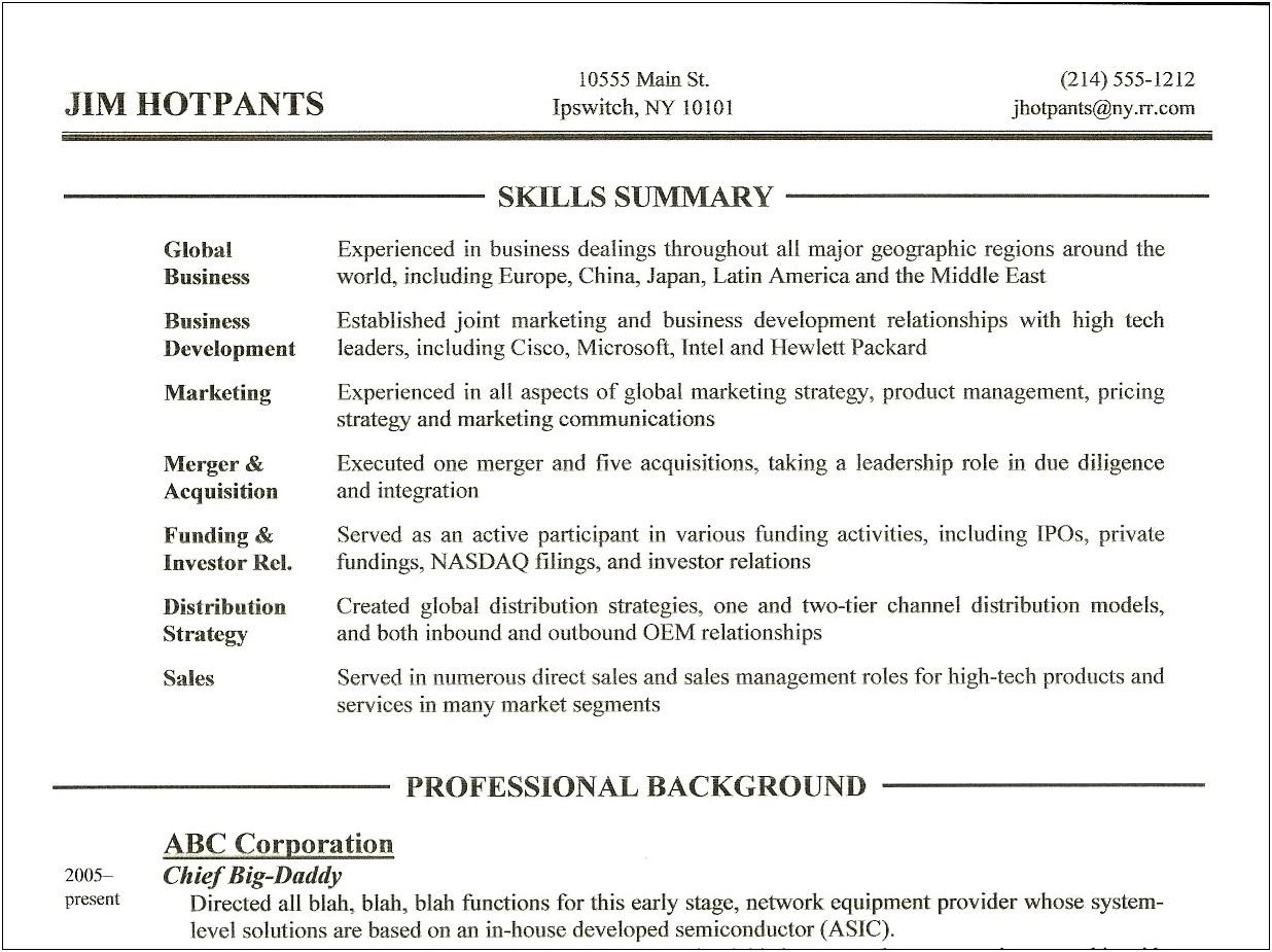 Key Skills Summary For Resume In Relationships
