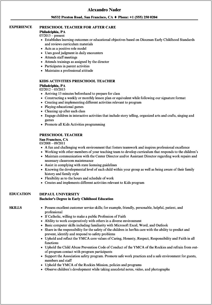 Kg Teacher Job Description For Resume